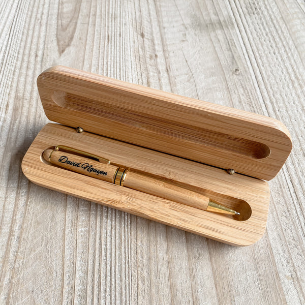 Father's Day Bamboo Engraved ball point black pen and case set Great gift Idea