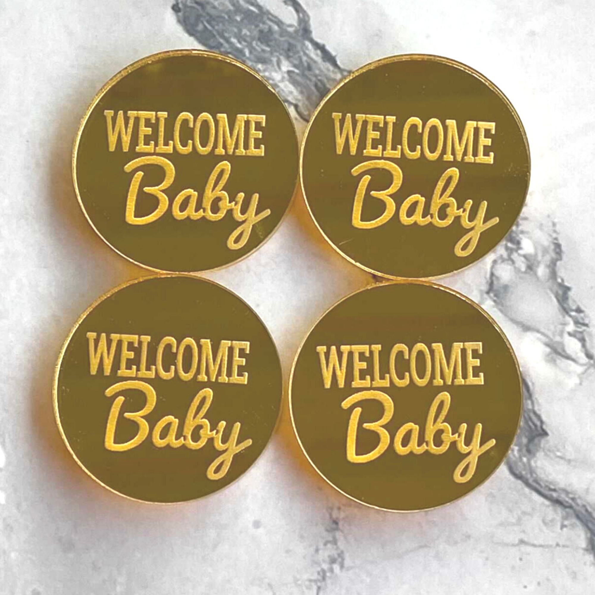 Welcome Baby Cupcake Topper Pack of 4 Gold Acrylic