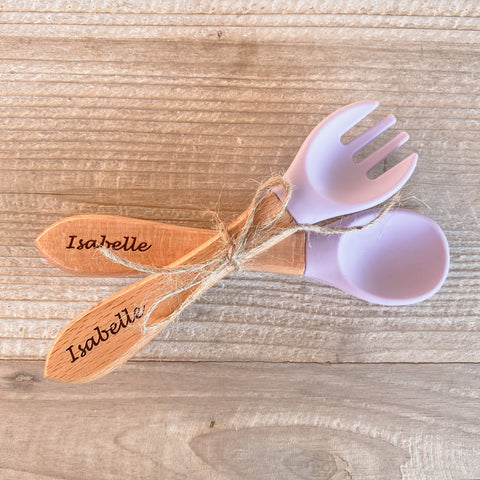 Personalised engraved beech wood and silicon  toddler weaning cutlery set