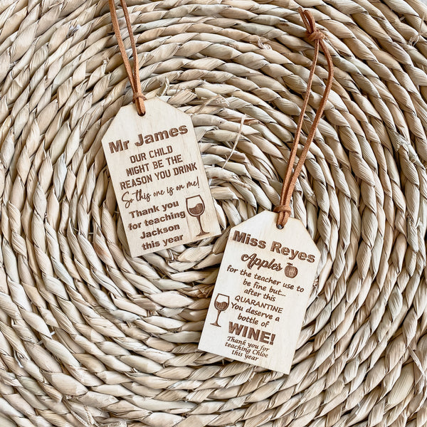 Teachers Rustic Wooden Engraved Wine Tag