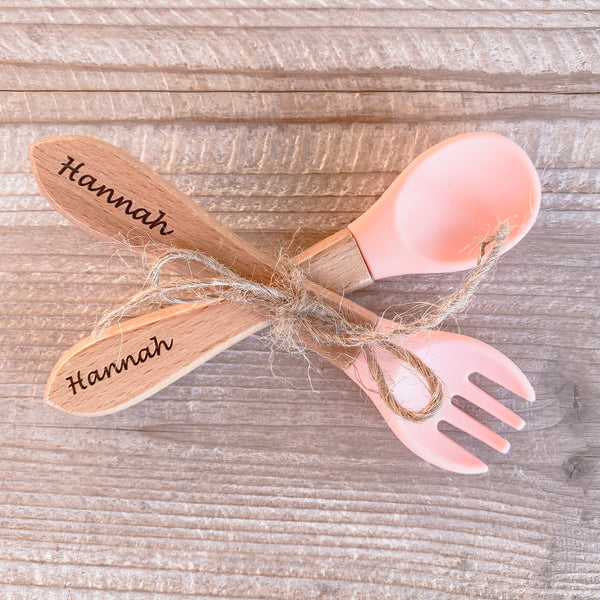 Personalised engraved beech wood and silicon toddler weaning cutlery set