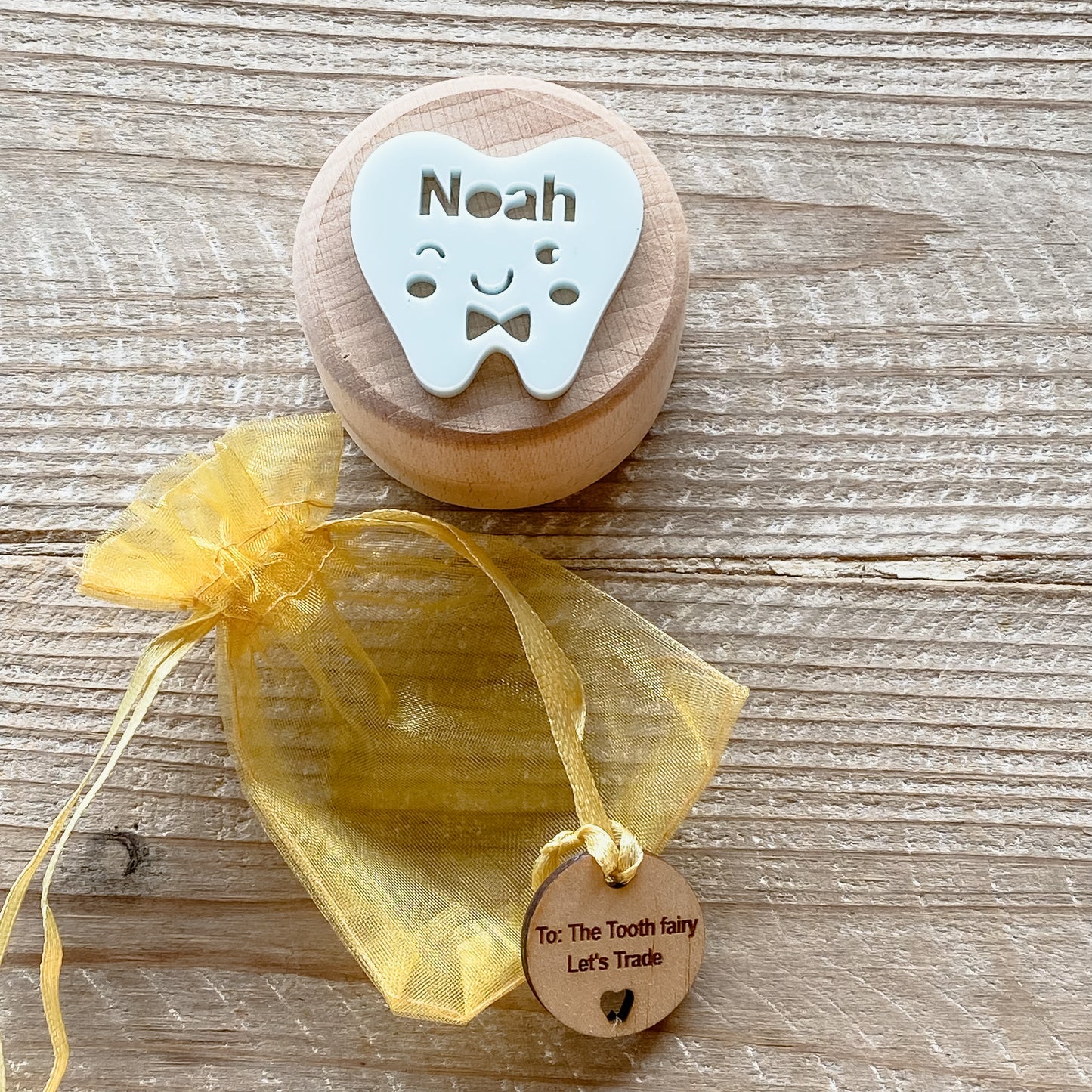 Personalised wooden tooth fairy box and tooth pouch