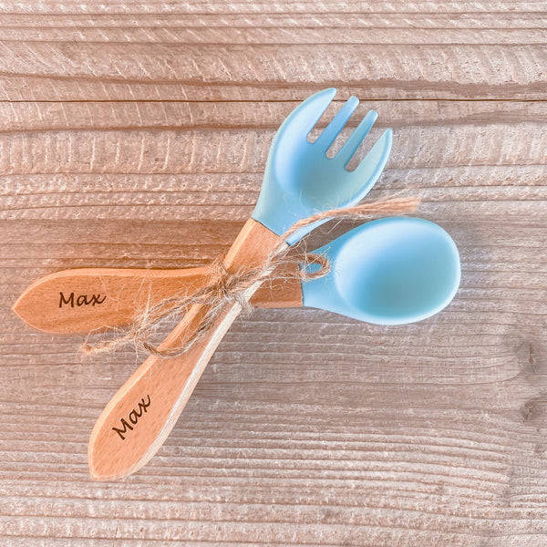 Personalised engraved beech wood and silicon toddler weaning cutlery set